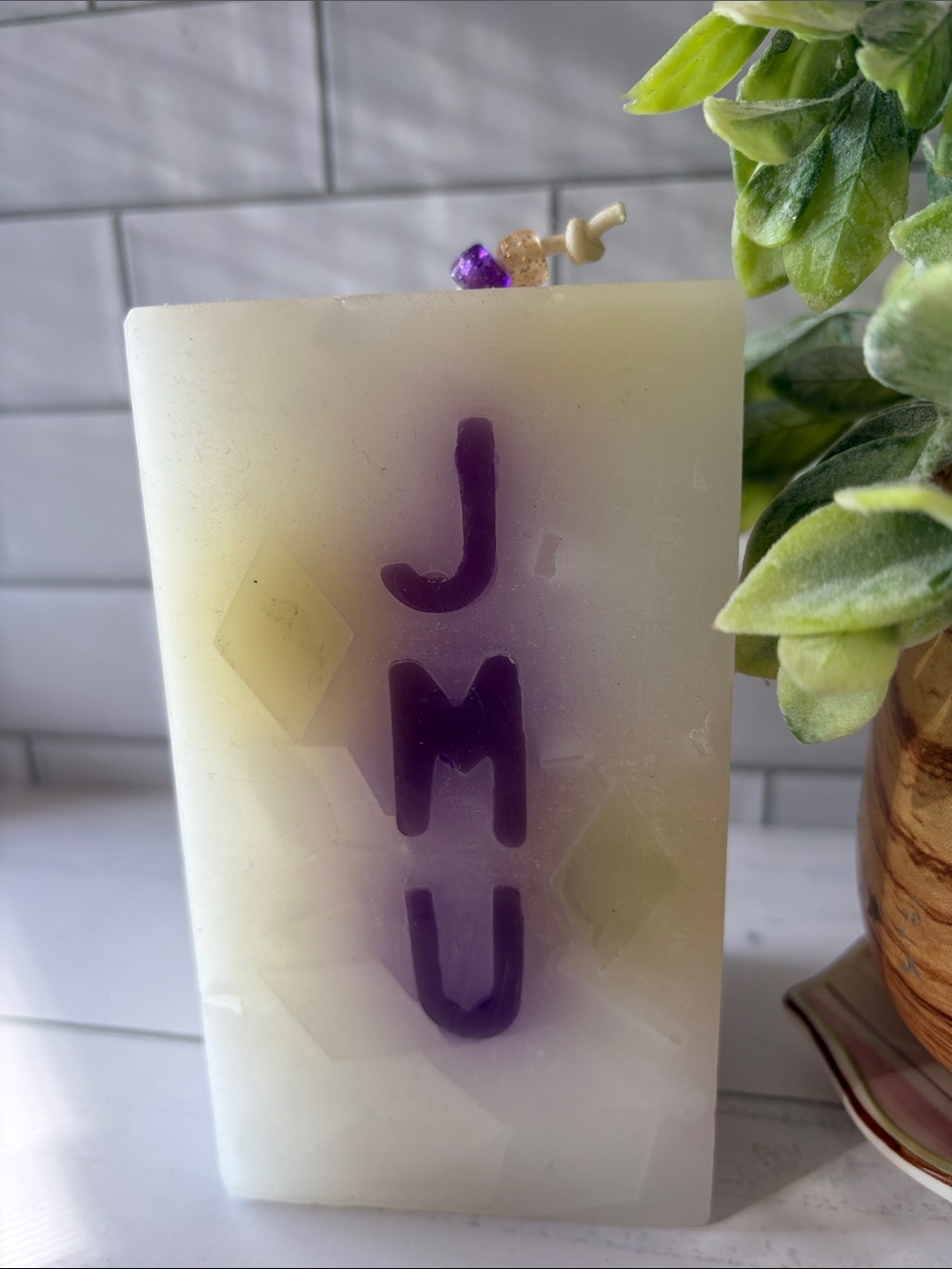 JMU White Pillar Candle with Purple Inlay